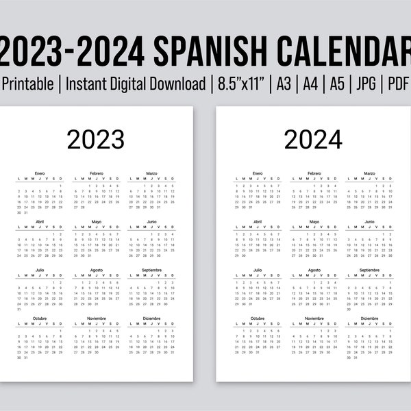 Druckbarer Spanischer Jahreskalender 2023-2024 | Calendario Español | Digitaler Kalender | Einseitiger Kalender | Minimalistischer Stil.