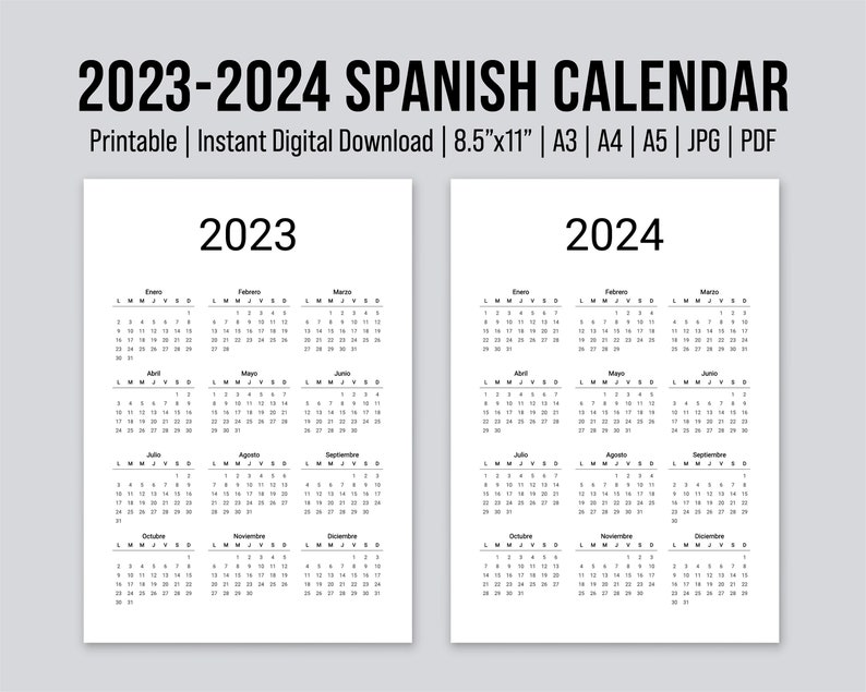 Calendrier annuel espagnol 2023-2024 imprimable Calendario Español Calendrier numérique Calendrier d'une page Style minimaliste. image 1