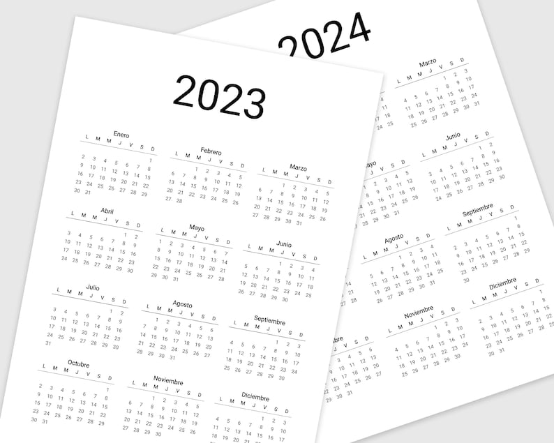 Calendrier annuel espagnol 2023-2024 imprimable Calendario Español Calendrier numérique Calendrier d'une page Style minimaliste. image 5
