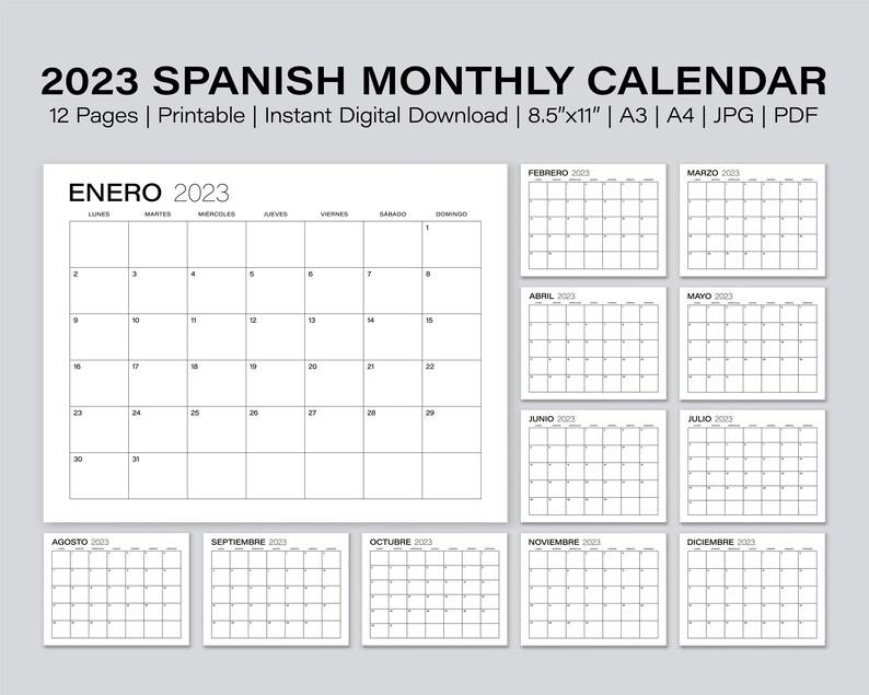 Printable 2023 Monthly Spanish Calendar Calendario Espa ol Etsy