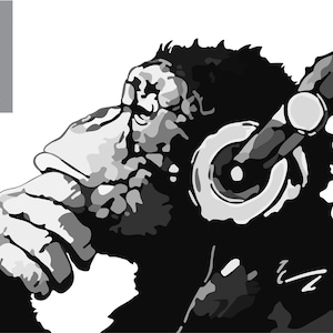 Monkey with Headset Listening to Music. Black and White Print. Digital Art Illustration. Instant Download. JPG, EPS, & PNG.