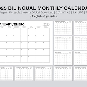 Printable 2025 Bilingual Monthly Calendar. Calendario Inglés-Español. Digital Calendar. Minimalist Calendar. Instant Download. JPG & PDF.
