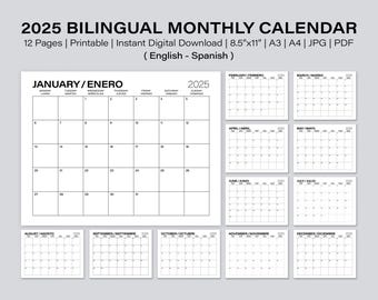 Printable 2025 Bilingual Monthly Calendar. Calendario Inglés-Español. Digital Calendar. Minimalist Calendar. Instant Download. JPG & PDF.
