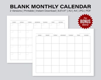 Printable Blank Monthly Calendar | Landscape Calendar Template | Minimalist | Instant Download | Letter | A3 | A4