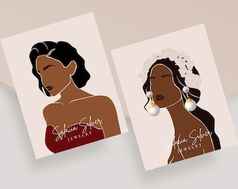 Puede incluir: Dos impresiones artísticas con ilustraciones abstractas de mujeres. Una mujer lleva un vestido rojo, la otra una diadema floral y pendientes grandes. Las impresiones tienen el texto "Salacia Silver Jewelry". El fondo es rosa claro.