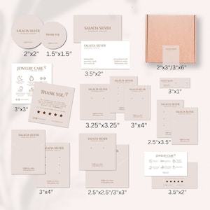 Minimalistische sieraden zakelijke sjabloonbundel, beige bewerkbare oorbelkaart, kettingdisplaykaart, bedankkaart, zorgkaart, sieradenverpakking