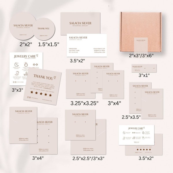 Minimalist Jewelry Business Template Bundle, Beige Editable Earring Card,Necklace Display Card,Thank You Card, Care Card,Jewellery Packaging