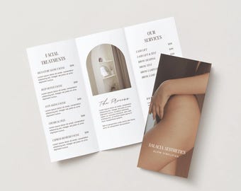 May include: A tri-fold brochure with a minimalist design, detailing facial treatments and other services. The brochure includes a photo of a person and the text "SALACIA AESTHETICS, SLOW SIMPLIFIED."