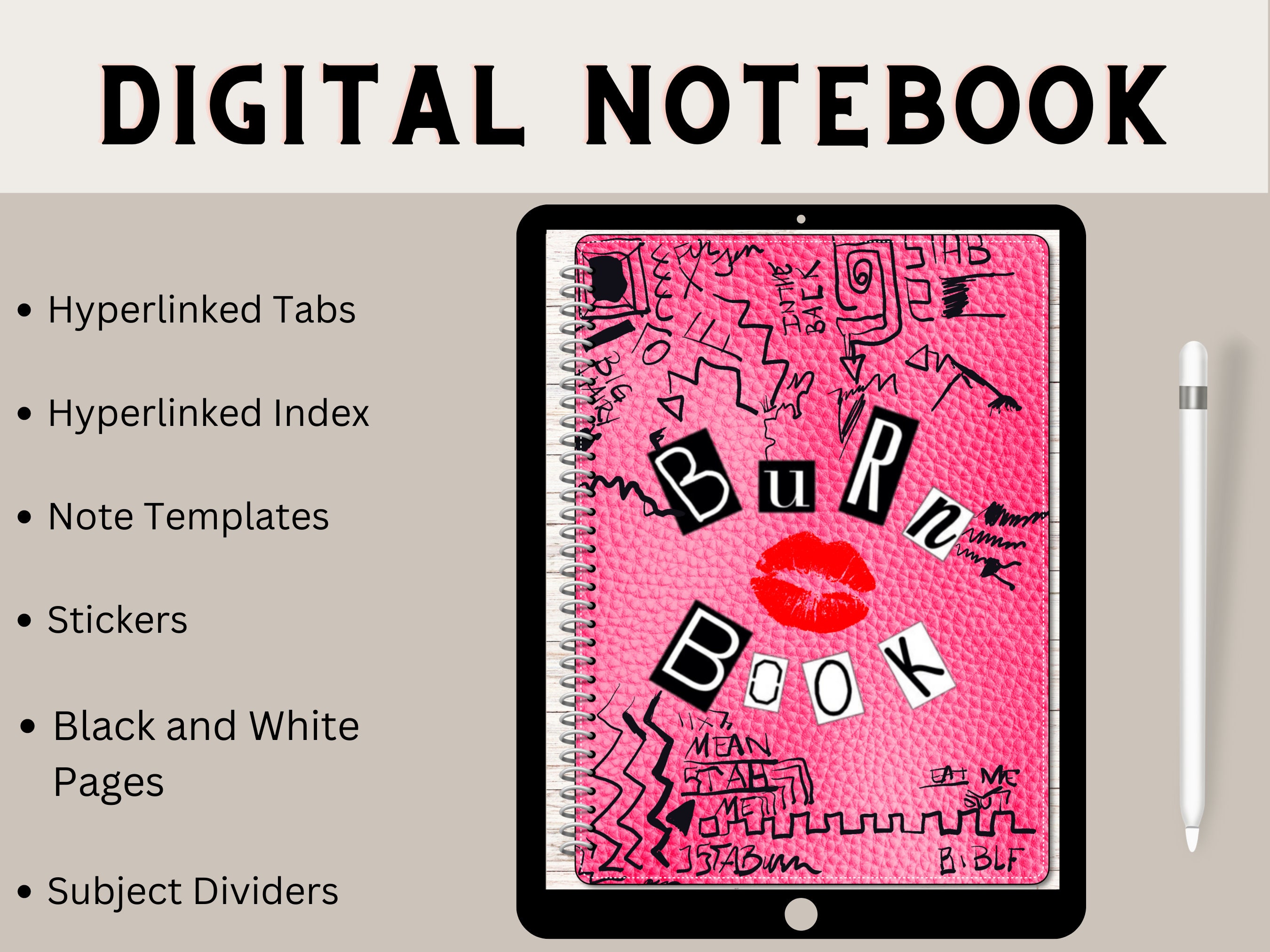 Mean Girls Burn Book Hyperlinked Digital Notebook for Goodnotes,  Notability, Etc. Pink, Black, and Red W/ Sticker Pack and Note Templates 