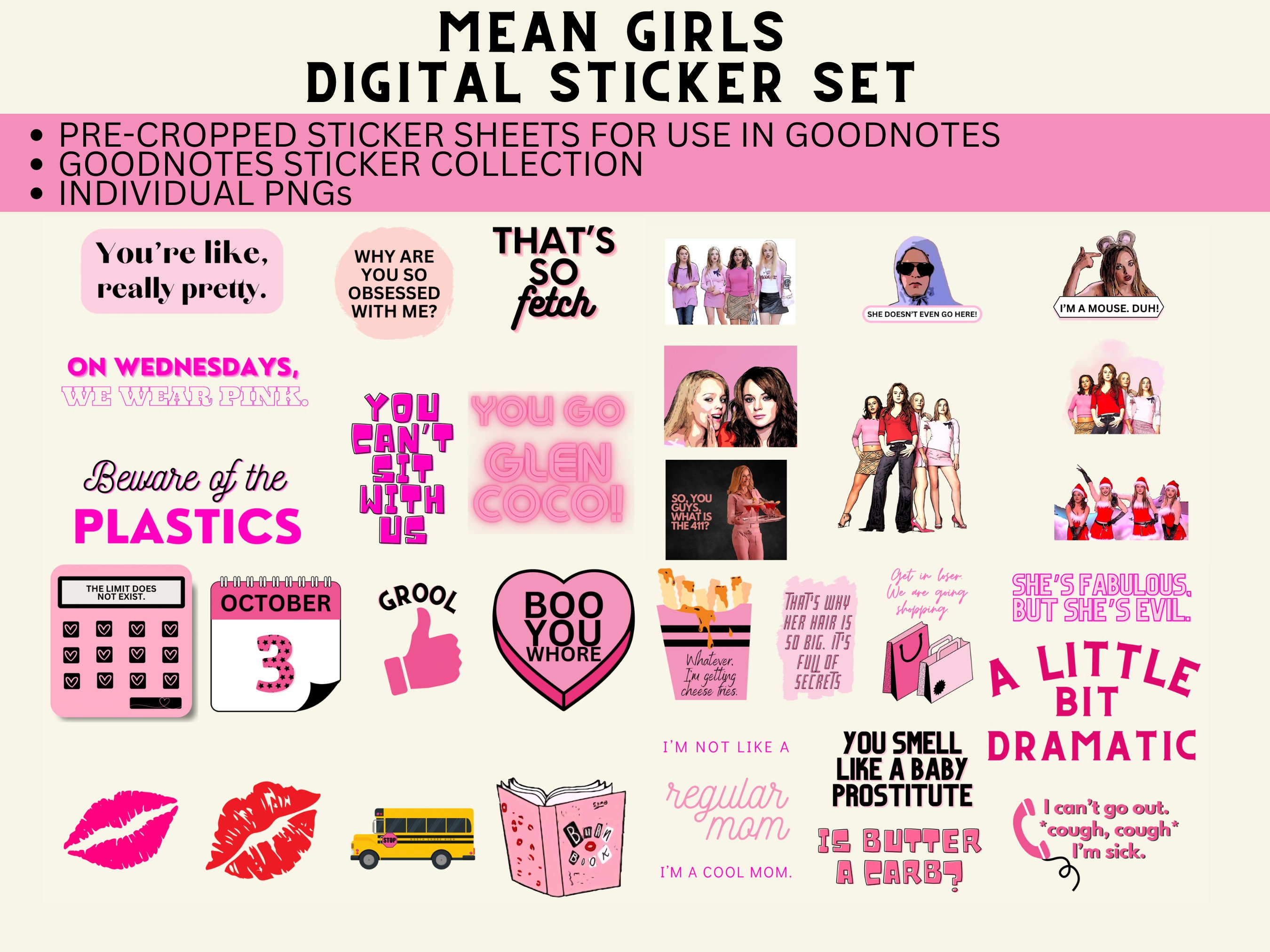 Mean Girls Stickers Bundle Goodnotes Sticker Sheets, Goodnotes Collection,  and Individual PNG Set: 32 Transparent Images 