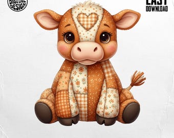 Quilted Cow PNG, Plush Clipart for DIY Projects, Cow Sublimation Design (T-Shirt, Digital Download)