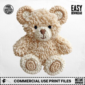 Peut inclure: Un ours en peluche avec un corps brun clair et des accents crème sur les pattes, les oreilles et le museau. L'ours a des yeux noirs et un nez cousu. L'image comprend le texte "PNG DIGITAL DESIGN", "EASY DOWNLOAD", "COMMERCIAL USE PRINT FILES" et "INSTANT DOWNLOAD".