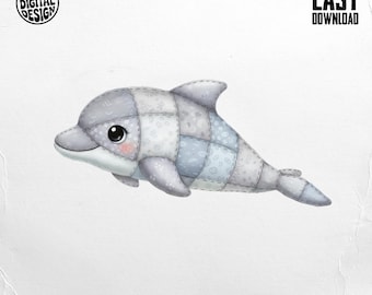 Quilted Dolphin PNG, Patchwork Clipart for Sublimation DIY Projects (Digital Download, T-Shirt, Digital)