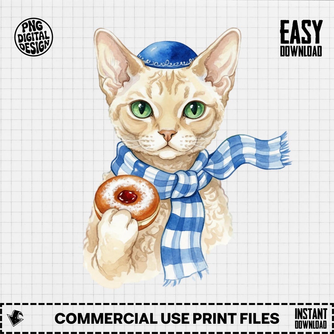 Watercolor Devon Rex Cat PNG, Hanukkah Cat Art Print for Holiday ...