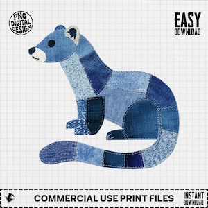May include: A digital design of a stylized blue ferret made from denim patches. The ferret is sitting with its tail curled. The design includes the text "PNG DIGITAL DESIGN" and "EASY DOWNLOAD". The bottom of the image reads "COMMERCIAL USE PRINT FILES" and "INSTANT DOWNLOAD".