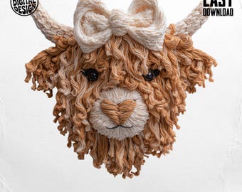 Faux Yarn Highland Cow PNG With Boho Coquette Bow, Crochet Cow - DTF Design, Sublimation DIY Projects (Digital Download)