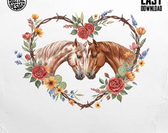 Watercolor Horses in Love PNG, Floral Heart Clipart (Digital Download)