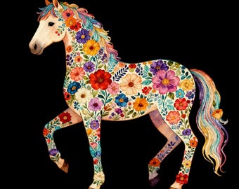 Floral Horse PNG, Boho Flower Clipart (Digital Download)