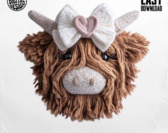 Faux Yarn Highland Cow png with Boho Coquette Bow, Farm Animal - dtf Design Sublimation diy Projects (Digital Download, Digital png)