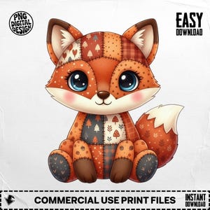 Quilted Fox PNG Clipart, Patchwork-stil för sublimerings-T-shirt, digital nedladdningsbar konst