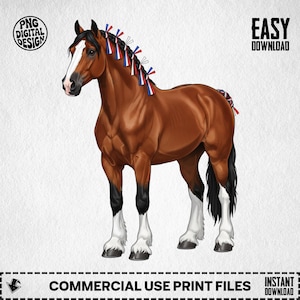 May include: A digital illustration of a brown horse with white markings. The horse's mane is braided and decorated with red, white, and blue ribbons. The image includes the text "PNG DIGITAL DESIGN" and "EASY DOWNLOAD".