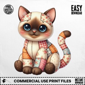 Puede incluir: Ilustración digital de un gato siamés con diseño de patchwork. El gato tiene grandes ojos azules, orejas marrones y una cara color crema. El patchwork incluye patrones florales, de lunares y a cuadros. La imagen incluye el texto "PNG DIGITAL DESIGN" y "COMMERCIAL USE PRINT FILES".