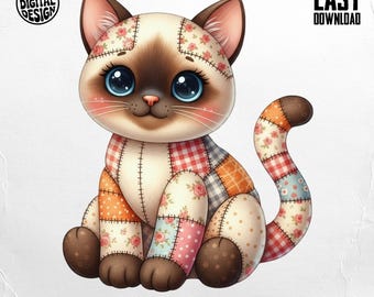 Simpatico gatto patchwork PNG, gattino siamese Clipart per sublimazione su maglietta, download digitale