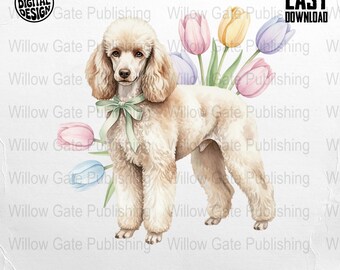 May include: A watercolor illustration of a cream-colored poodle with a green bow, surrounded by pastel-colored tulips. The image includes text that reads "PNG DIGITAL DESIGN" and "COMMERCIAL USE PRINT FILES".