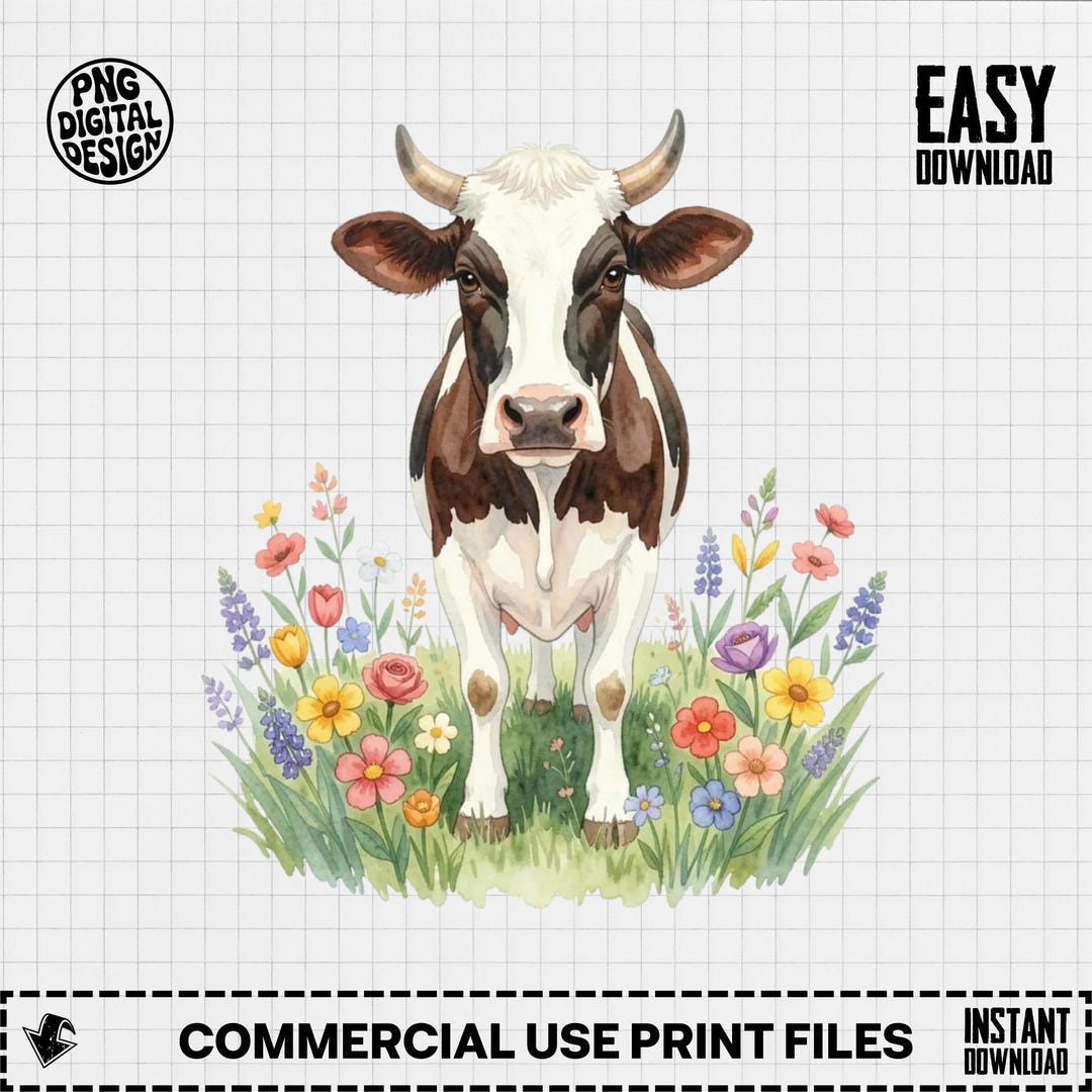 Watercolor Cow PNG, Cute Farm Animal Clipart, Floral Meadow Sublimation ...