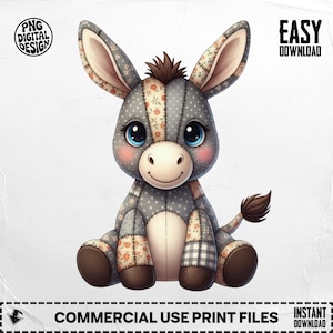 May include: A cute, cartoon-style donkey illustration. The donkey is gray with white polka dots and patchwork details in floral and plaid patterns. It has large blue eyes, pink cheeks, and a brown mane and tail. The image includes the text "PNG DIGITAL DESIGN" and "COMMERCIAL USE PRINT FILES".