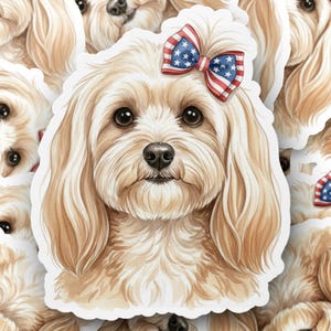 Könnte beinhalten: Ein Aufkleber mit einem hellbraunen Hund mit langem Fell. Der Hund hat eine Schleife mit einem rot-weiß-blauen amerikanischen Flaggenmuster. Der Aufkleber ist von anderen Aufklebern desselben Hundes umgeben.