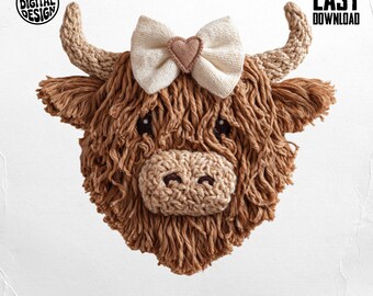 Faux Yarn Highland Cow png, Boho Crochet Cow Latch Hook, Heart Coquette Bow - dtf Design Sublimation diy Projects (Digital Download png)