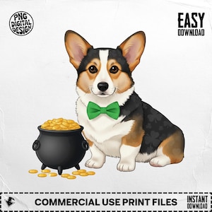 Corgi St Patricks Day PNG, Kruka med guld, Digital nedladdning för Sublimering DIY-projekt