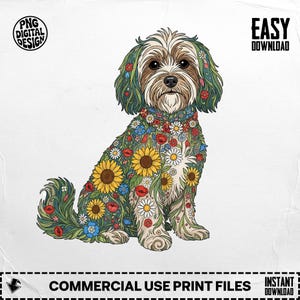 May include: A digital illustration of a seated dog decorated with colorful flowers and foliage. The dog's fur is a mix of brown, white, and green, with sunflowers, daisies, and other blooms covering its body. The image includes the text "PNG DIGITAL DESIGN" and "EASY DOWNLOAD".