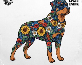 Rottweiler floral PNG, clipart de perro, diseño de sublimación (descarga digital)