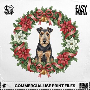 May include: A watercolor illustration of a dog inside a Christmas wreath. The wreath features red poinsettias, white flowers, green holly, red ribbons, and gold bells. The text "PNG DIGITAL DESIGN" and "EASY DOWNLOAD" are visible.