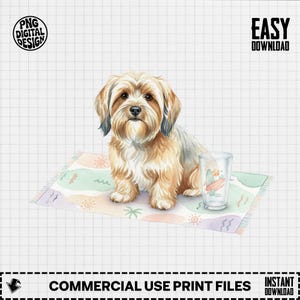 May include: Watercolor illustration of a fluffy, light brown dog sitting on a beach towel with a glass of water. The towel has a pastel color scheme with beach-themed designs. The glass has a surfboard design.