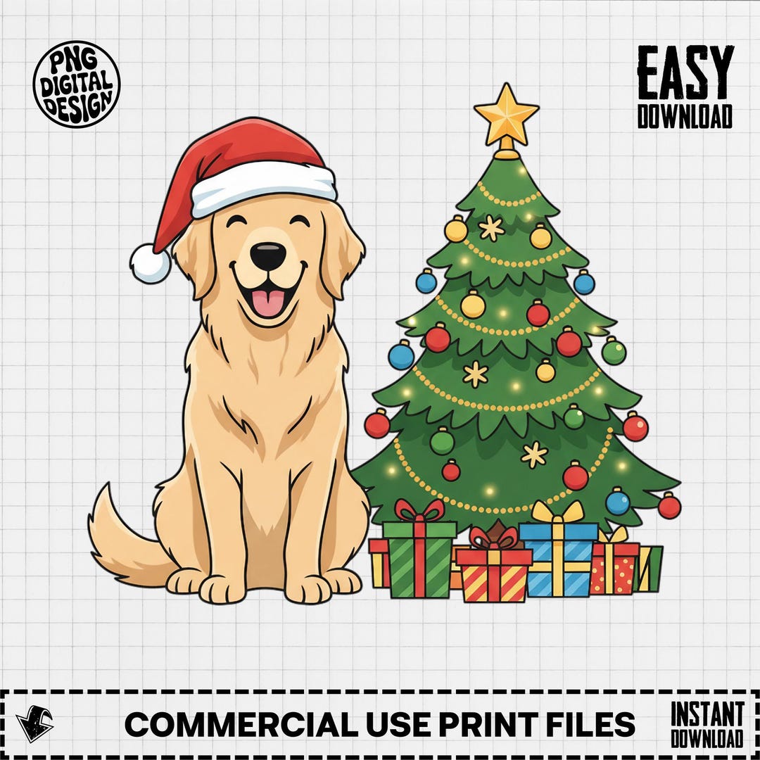 Golden Retriever PNG, Christmas Tree, Dog Santa Hat Clipart (digital ...