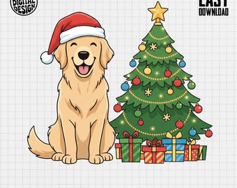 Golden retriever png, kerstboom, hond kerstmuts clipart (digitale download png)