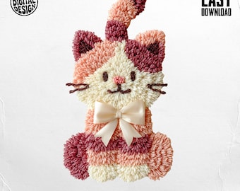 Faux Yarn Patchwork Calico Cat PNG with Coquette Bow - DTF Design Sublimation DIY Projects (Digital Download)