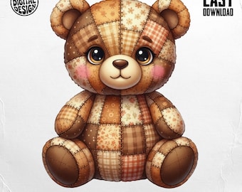 Patchwork Teddy Bear PNG, Quilted Clipart for Sublimation, DIY Crafts (Digital Download T-Shirt, Digital)