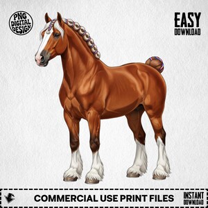 May include: A digital illustration of a brown horse with a white blaze and white fetlocks. The horse has a braided mane and tail, with accents of red, white, and blue. The image includes the text "PNG DIGITAL DESIGN", "EASY DOWNLOAD", and "COMMERCIAL USE PRINT FILES".
