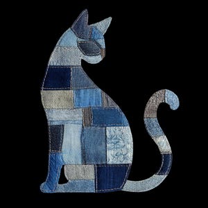 Chat en patchwork imitation denim PNG pour sublimation ou impression avec techniques de transfert d'image pour courtepointe incluses (TÉLÉCHARGEMENT NUMÉRIQUE)