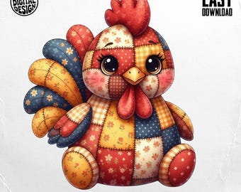 Patchwork Chicken PNG, Quilted Rooster Clipart for Easter Sublimation DIY (T-Shirt, Digital, Digital Download)