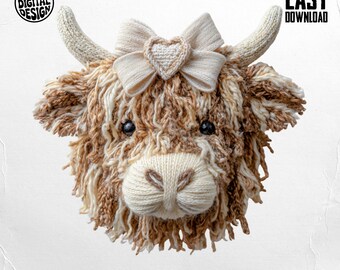 Faux Yarn Highland Cow PNG Boho Coquette Bow - Digital Design Sublimation DTF DIY Projects (Digital Download)