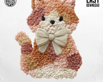 Faux Yarn Chunky Crochet Cat png Latch Hook With Coquette Bow - dtf Design Sublimation diy Projects (Digital Download png)