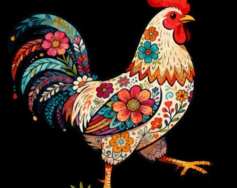 Floral Rooster PNG, Boho Chicken Clipart (Digital Download)