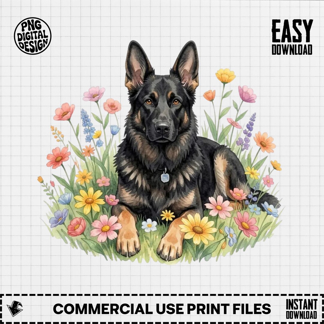 Black German Shepherd Floral PNG, Watercolor Clipart, Spring Flowers ...