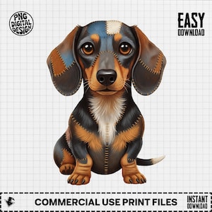 May include: A digital illustration of a dachshund dog with a patchwork design. The dog has brown, black, and tan fur with blue and white patches. The image includes the text "PNG DIGITAL DESIGN", "EASY DOWNLOAD", and "COMMERCIAL USE PRINT FILES".
