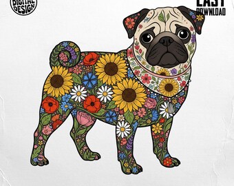 May include: A digital illustration of a pug dog adorned with a colorful floral pattern. The pug's body is covered in sunflowers, daisies, and other flowers. The image includes the text "PNG DIGITAL DESIGN", "EASY DOWNLOAD", and "COMMERCIAL USE PRINT FILES".